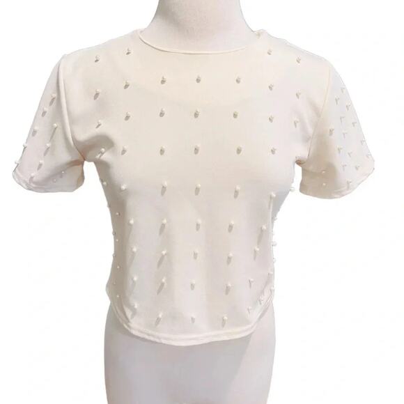 Snidel Cropped Top Pearl Appliqué Beige Size M - Picture 2 of 9